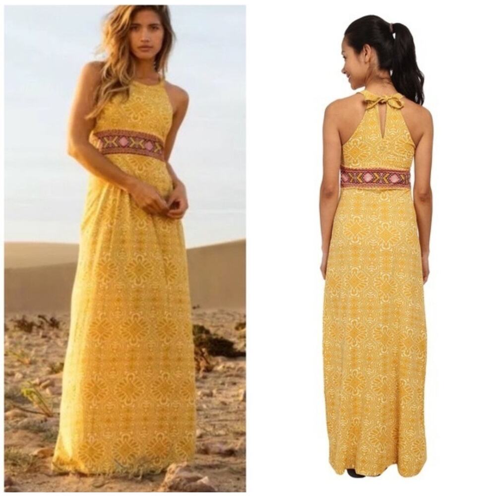 Prana Skye Halter Maxi Dress in Marigold size L Tie Neck Organic Cotton Boho